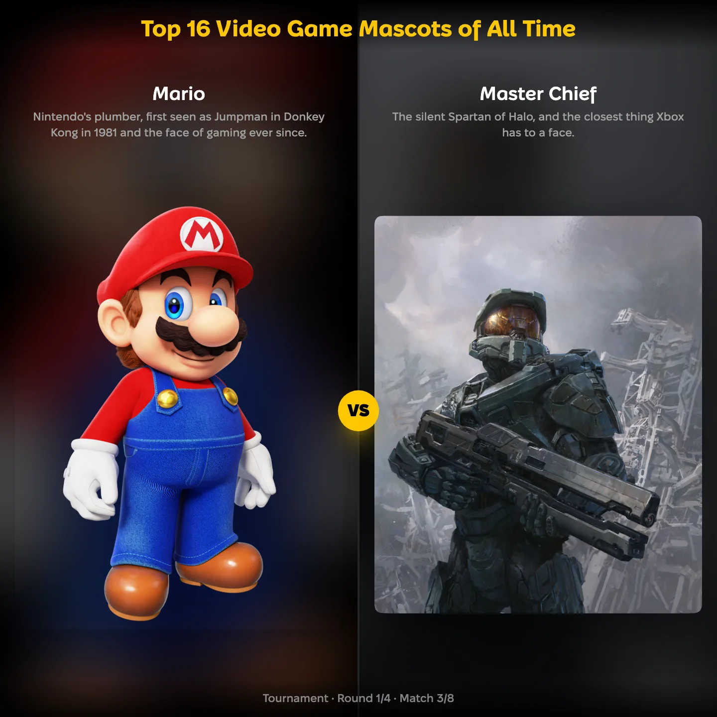 The greatest video game mascots of all time ranked, with Mario against Master Chief