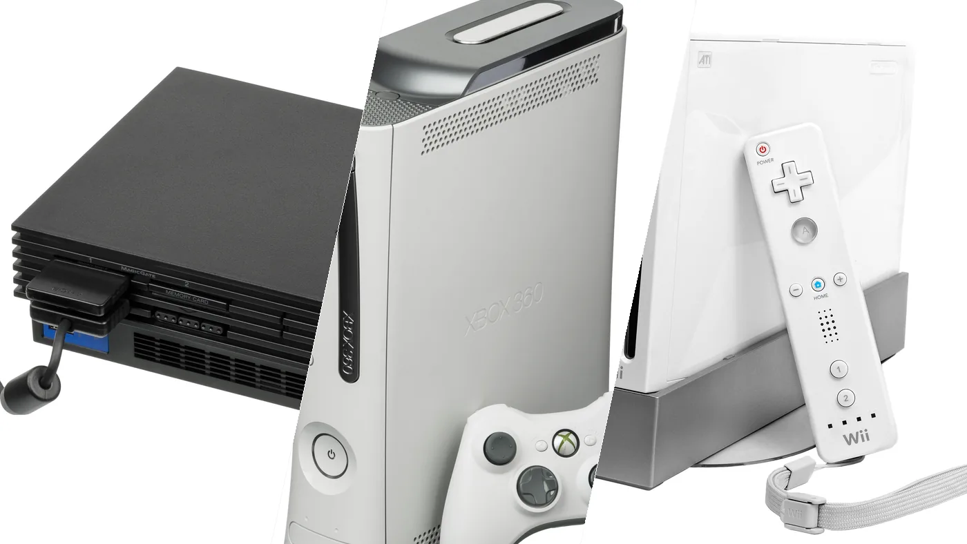 PlayStation 2, Xbox 360 and Nintendo Wii consoles side by side
