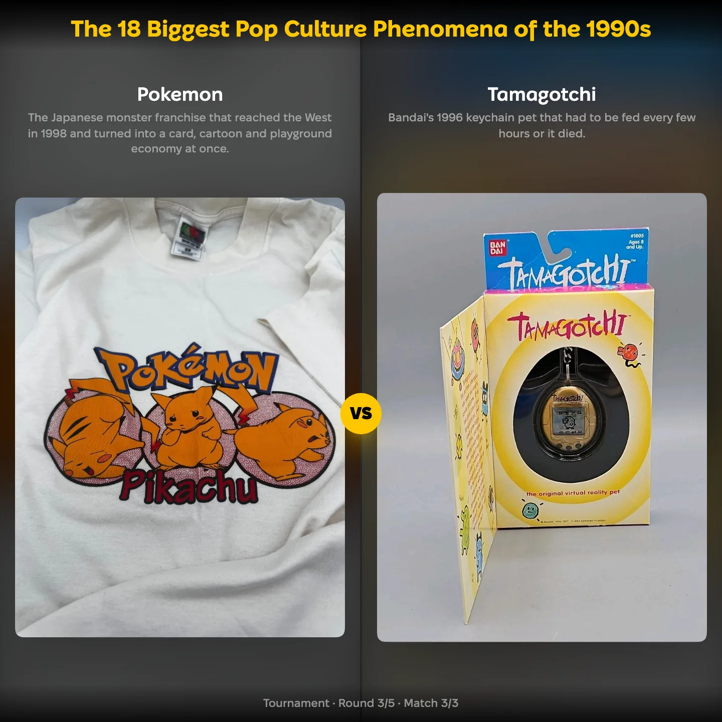 The 18 Biggest Pop Culture Phenomena of the 1990s ranking showing Pokemon against Tamagotchi