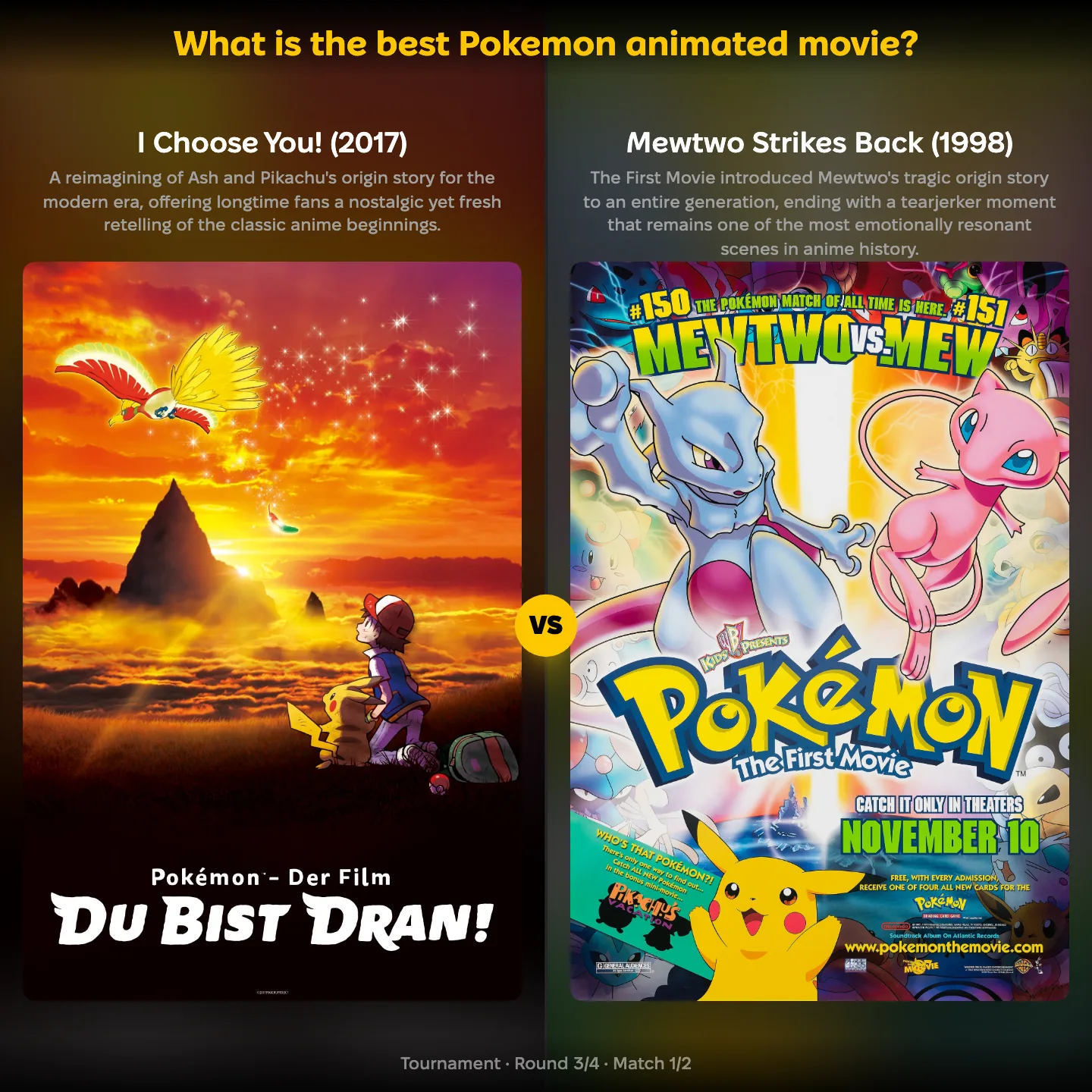 What is the best Pokemon animated movie ranking showing I Choose You against Mewtwo Strikes Back