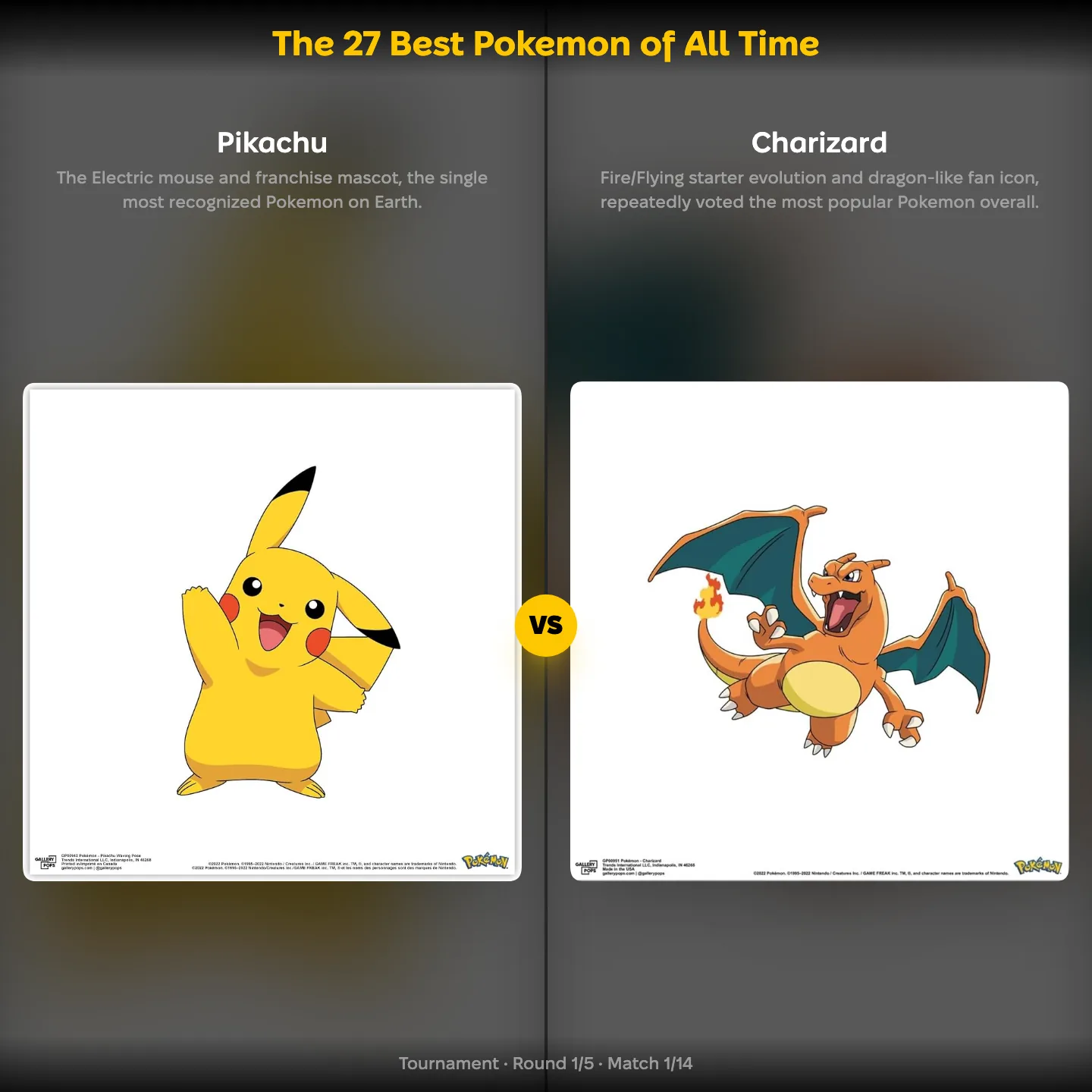 The 27 Best Pokemon of All Time ranking showing Pikachu against Charizard