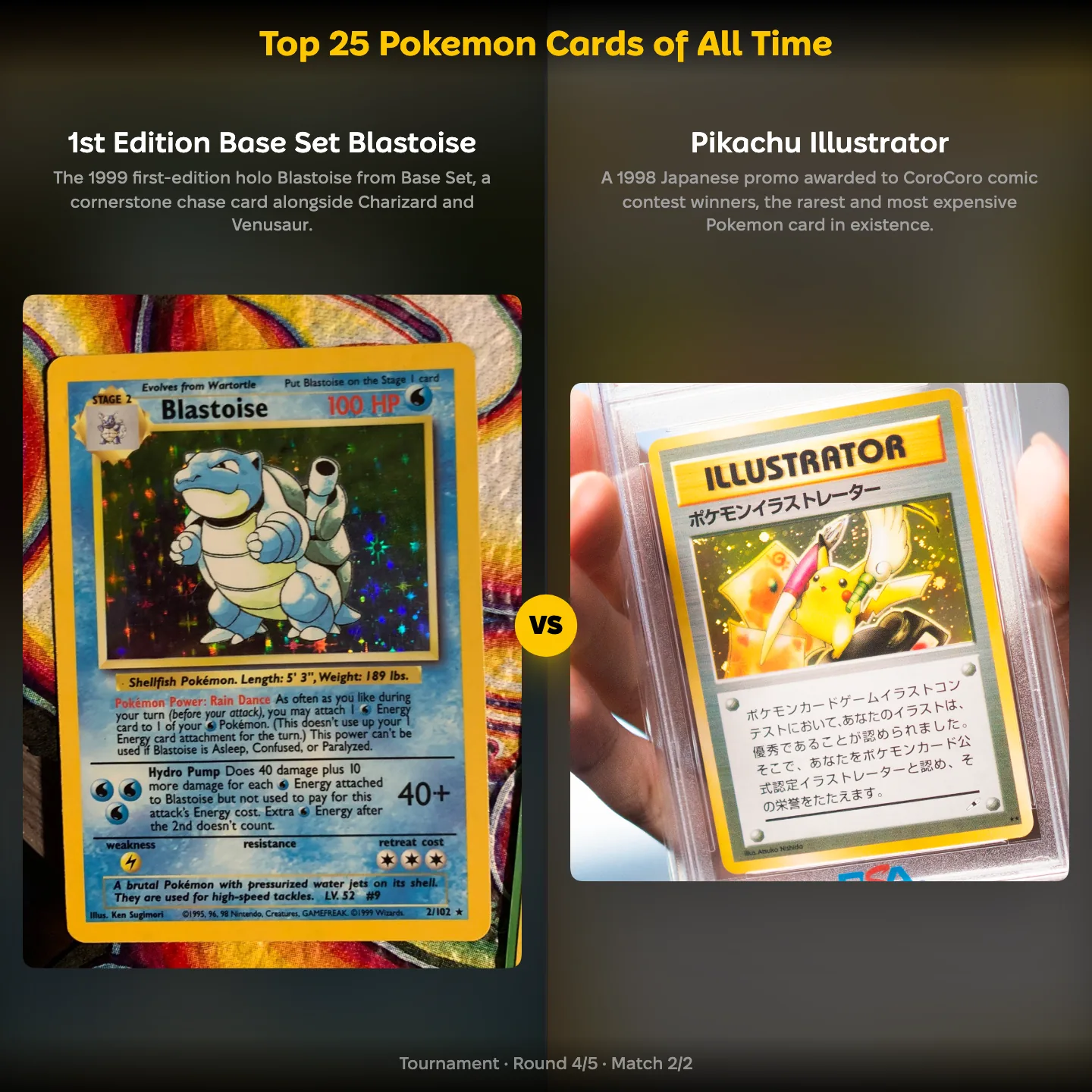 Top 25 Pokemon Cards of All Time ranking showing 1st Edition Base Set Blastoise against Pikachu Illustrator