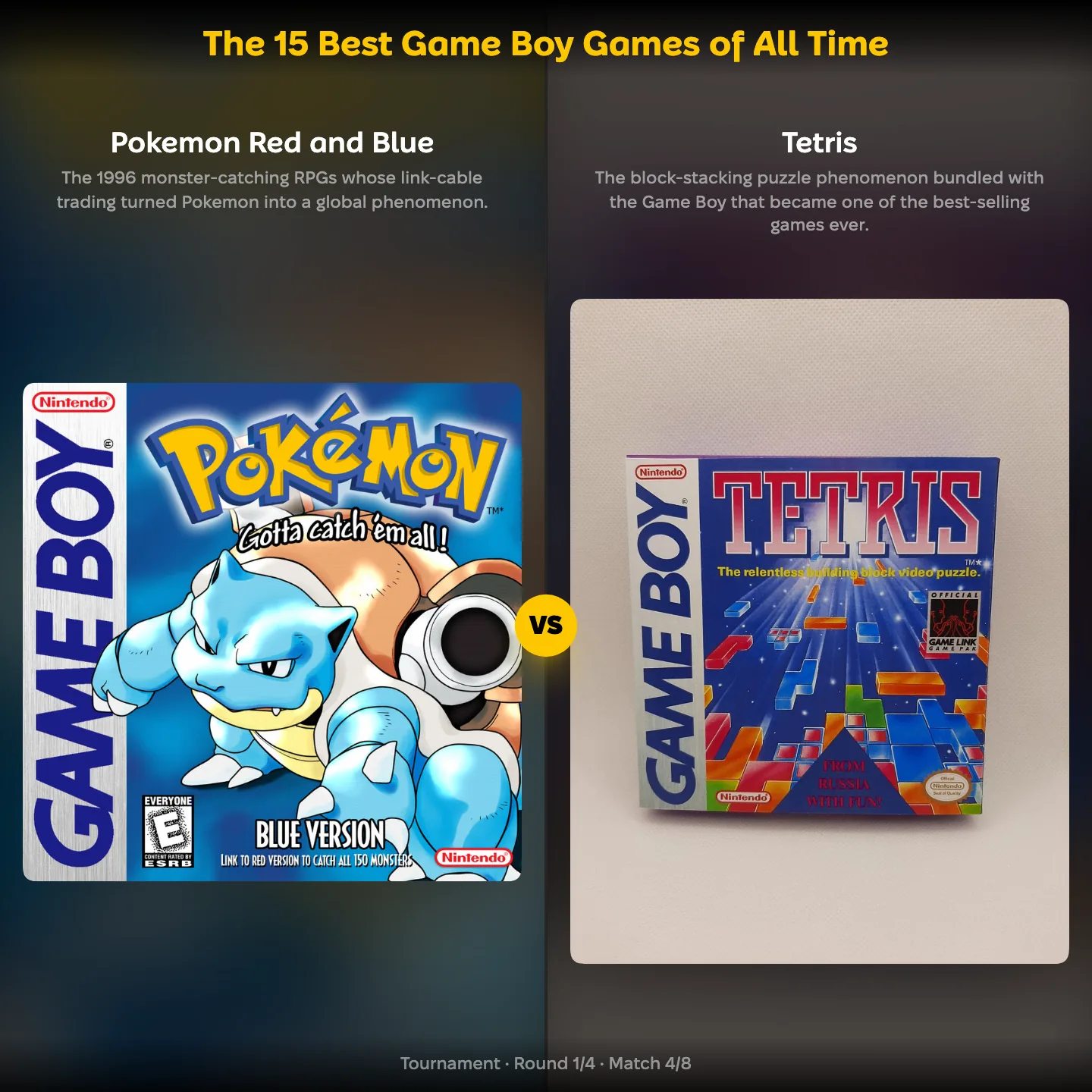 The 15 Best Game Boy Games of All Time ranking showing Pokemon Red and Blue against Tetris