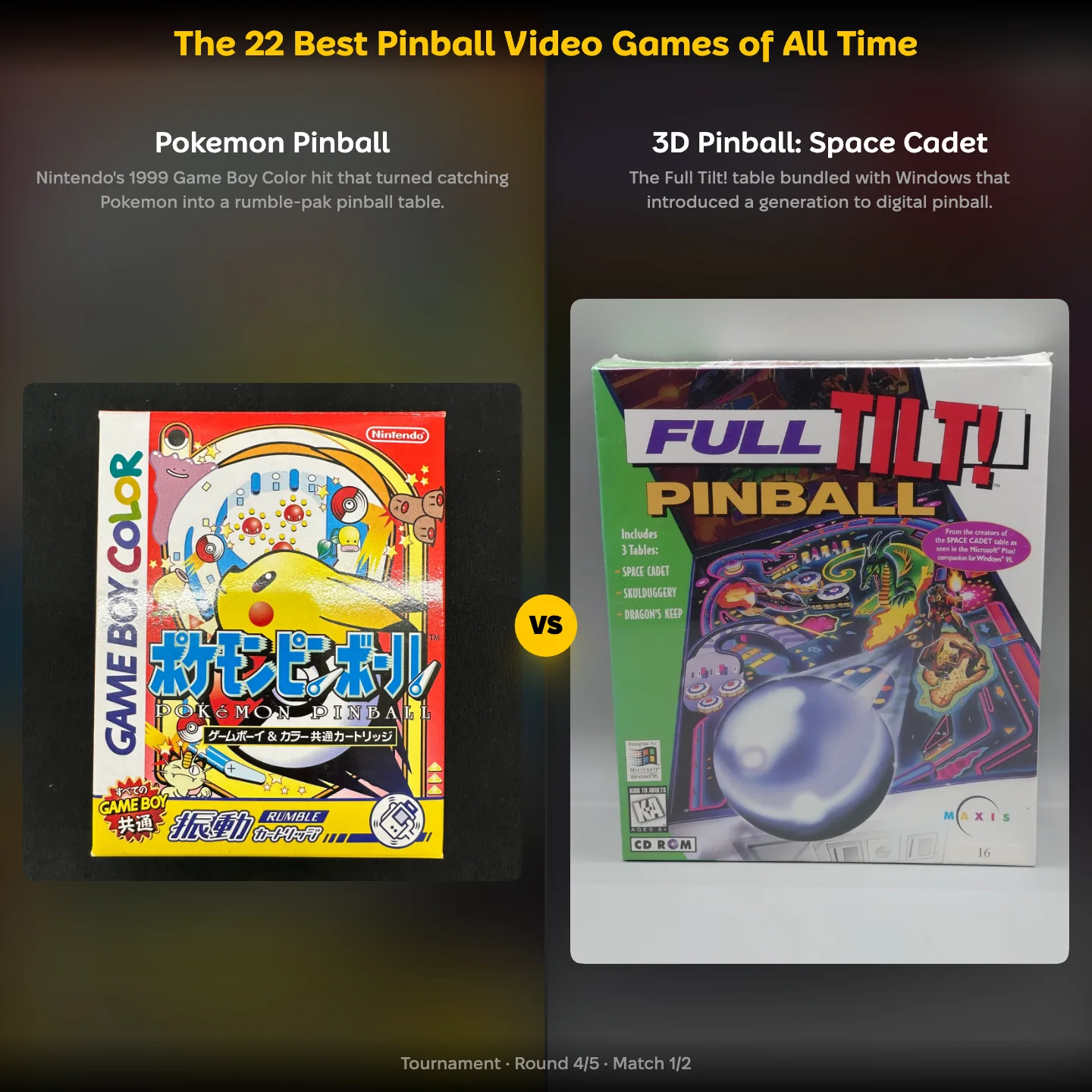 The 22 Best Pinball Video Games of All Time ranking showing Pokemon Pinball against 3D Pinball Space Cadet