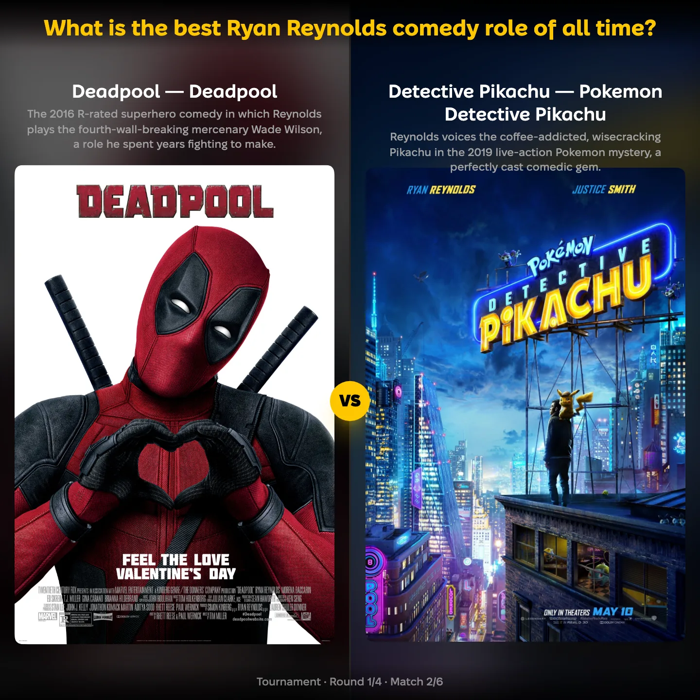 What is the best Ryan Reynolds comedy role of all time ranking showing Deadpool against Detective Pikachu