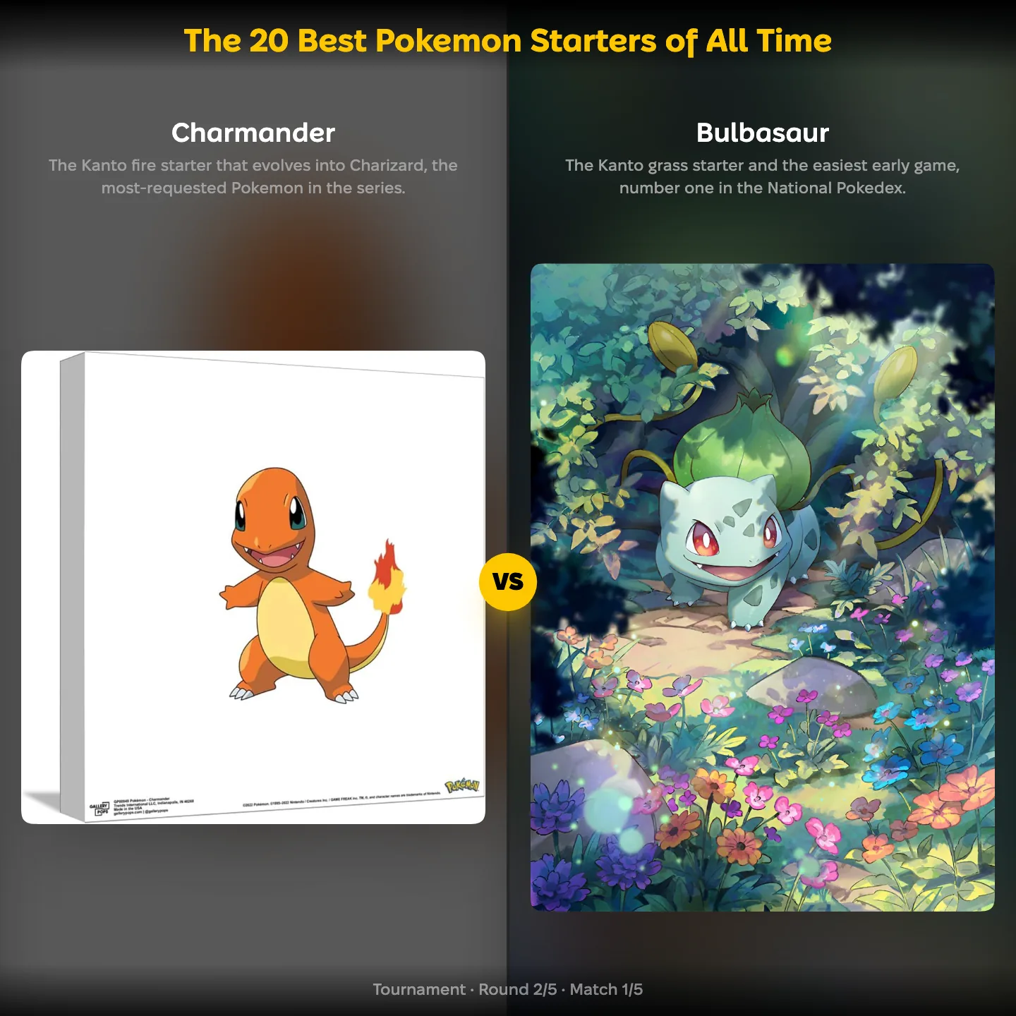 The 20 Best Pokemon Starters of All Time ranking showing Charmander against Bulbasaur