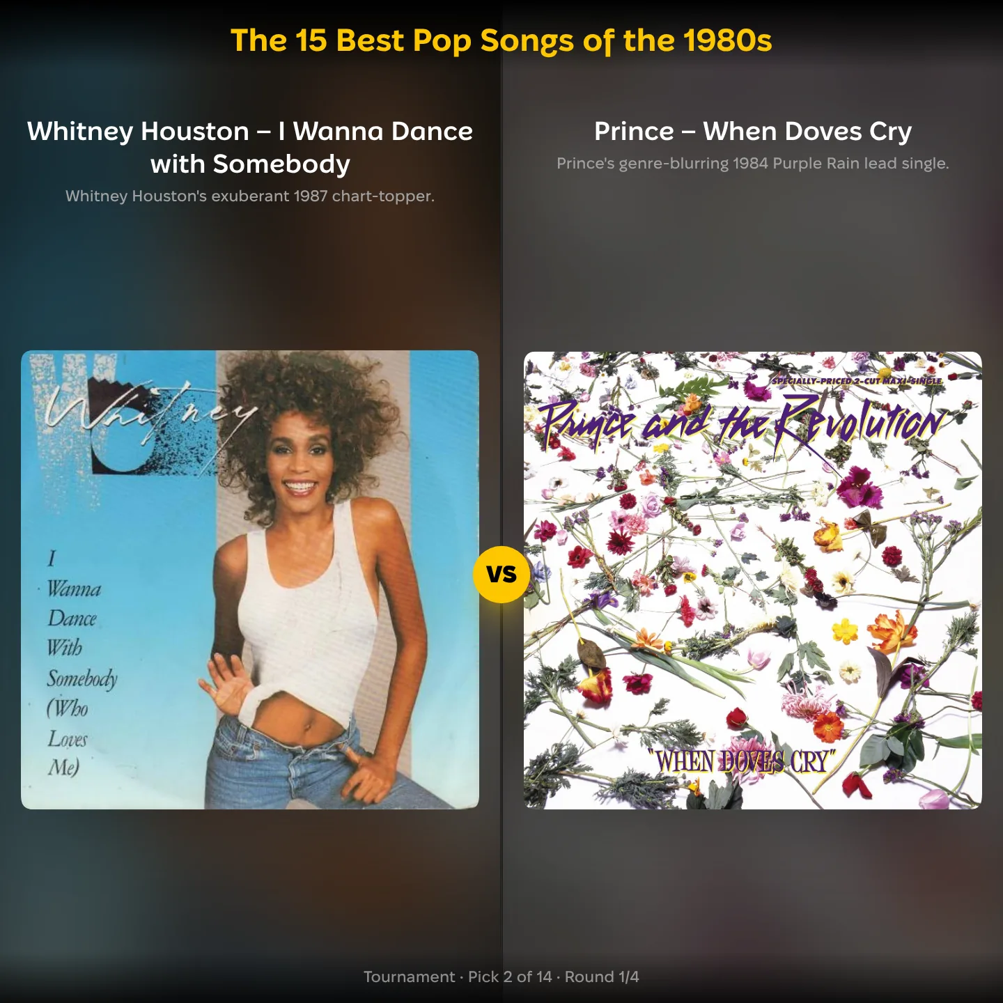 The best pop songs of the 1980s ranked, with Prince's When Doves Cry against Whitney Houston
