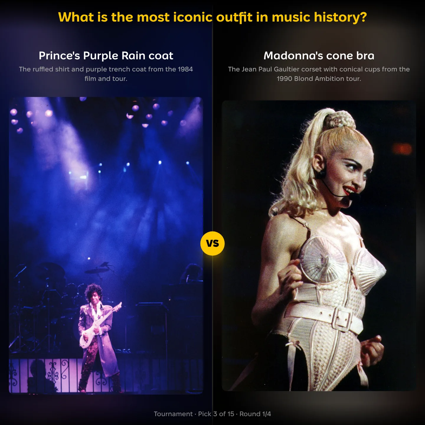 The most iconic outfits in music history ranked, with Prince's Purple Rain coat against Madonna's cone bra
