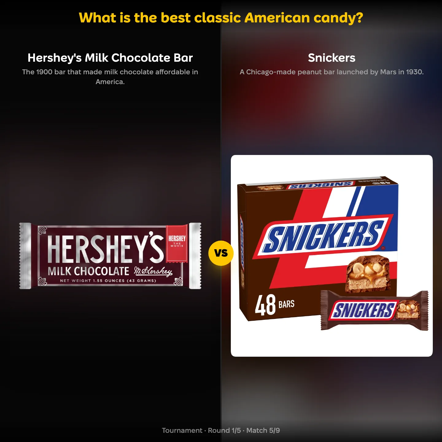 Best classic American candy ranking: Hershey's Milk Chocolate Bar vs Snickers, with Reese's also listed