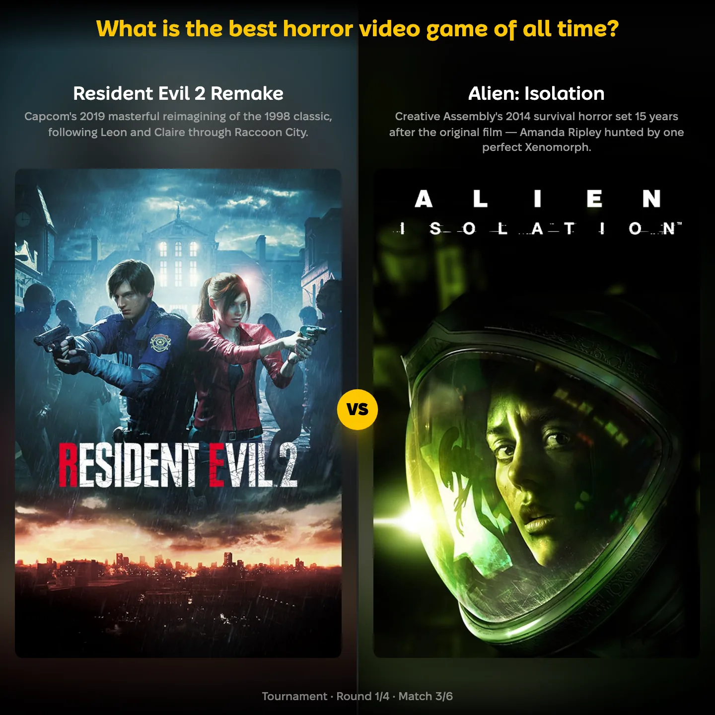 The best horror video game of all time ranked, with the Resident Evil 2 remake against Alien: Isolation