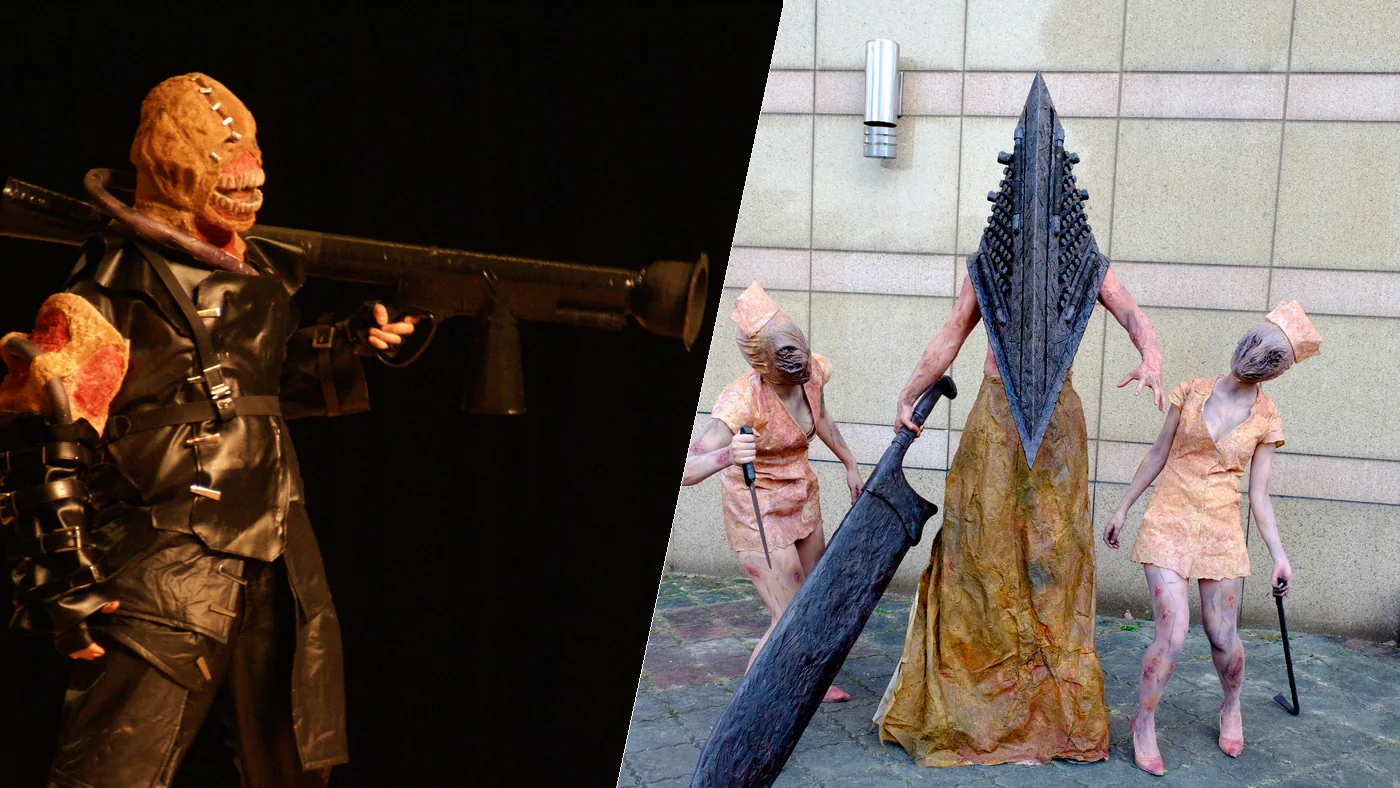 Resident Evil vs Silent Hill: a Nemesis cosplayer from Resident Evil 3 beside a Pyramid Head cosplayer and two Silent Hill nurses