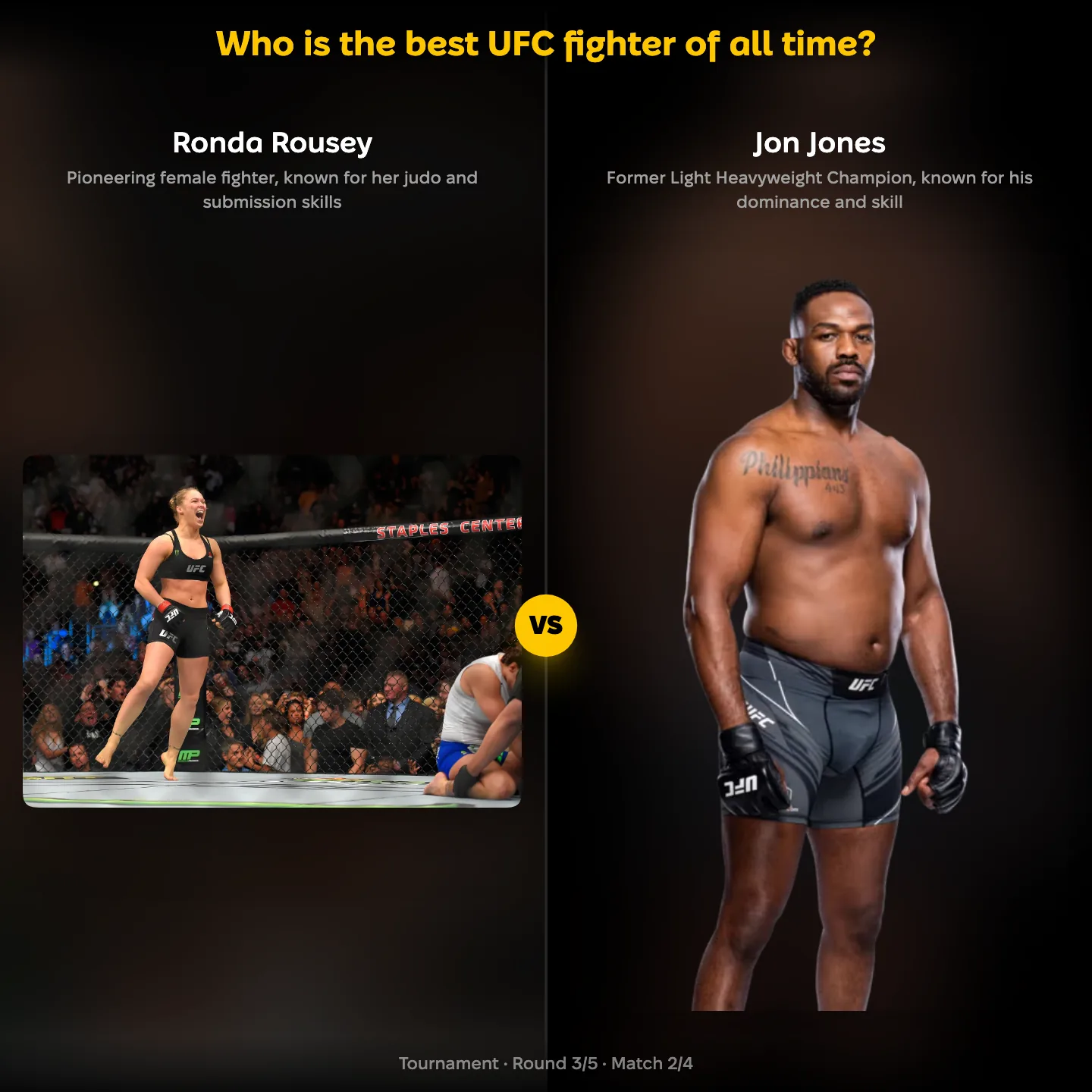 The best UFC fighter of all time ranked, with Ronda Rousey against Jon Jones