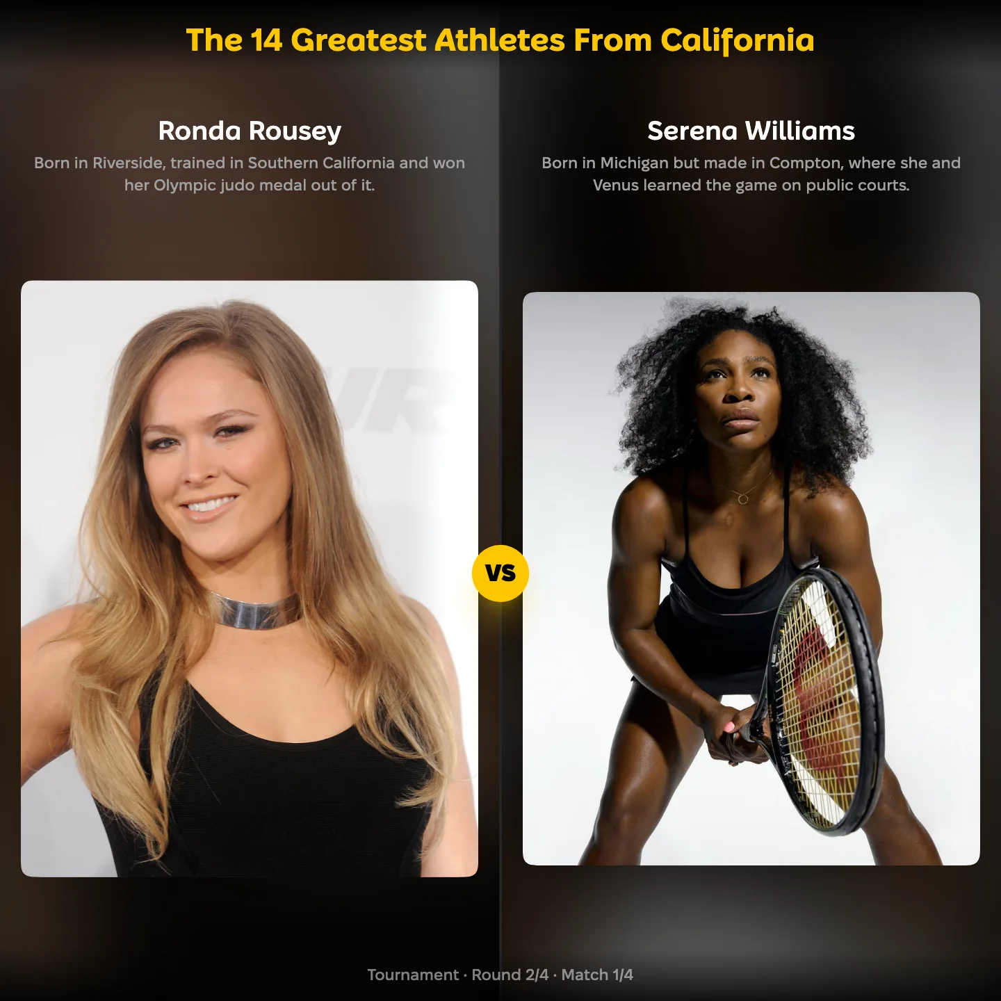The greatest athletes from California ranked, with Ronda Rousey against Serena Williams