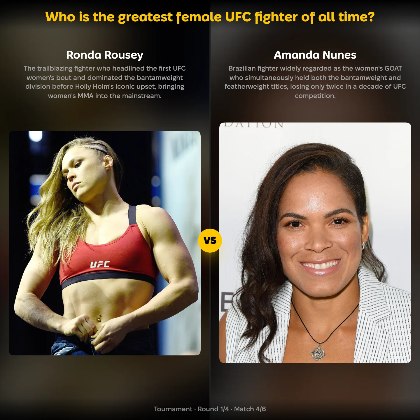 The greatest female UFC fighter of all time ranked, with Ronda Rousey against Amanda Nunes