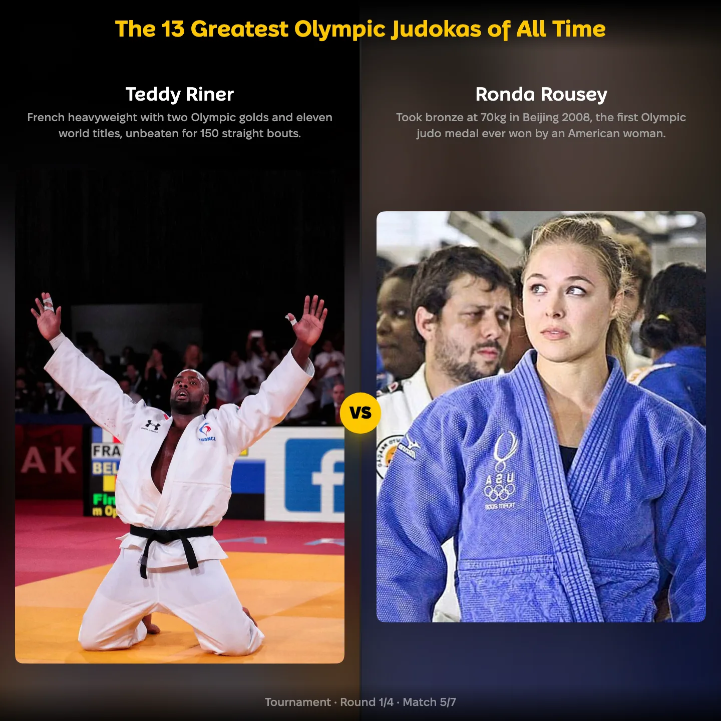 The greatest Olympic judokas of all time ranked, with Ronda Rousey against Teddy Riner