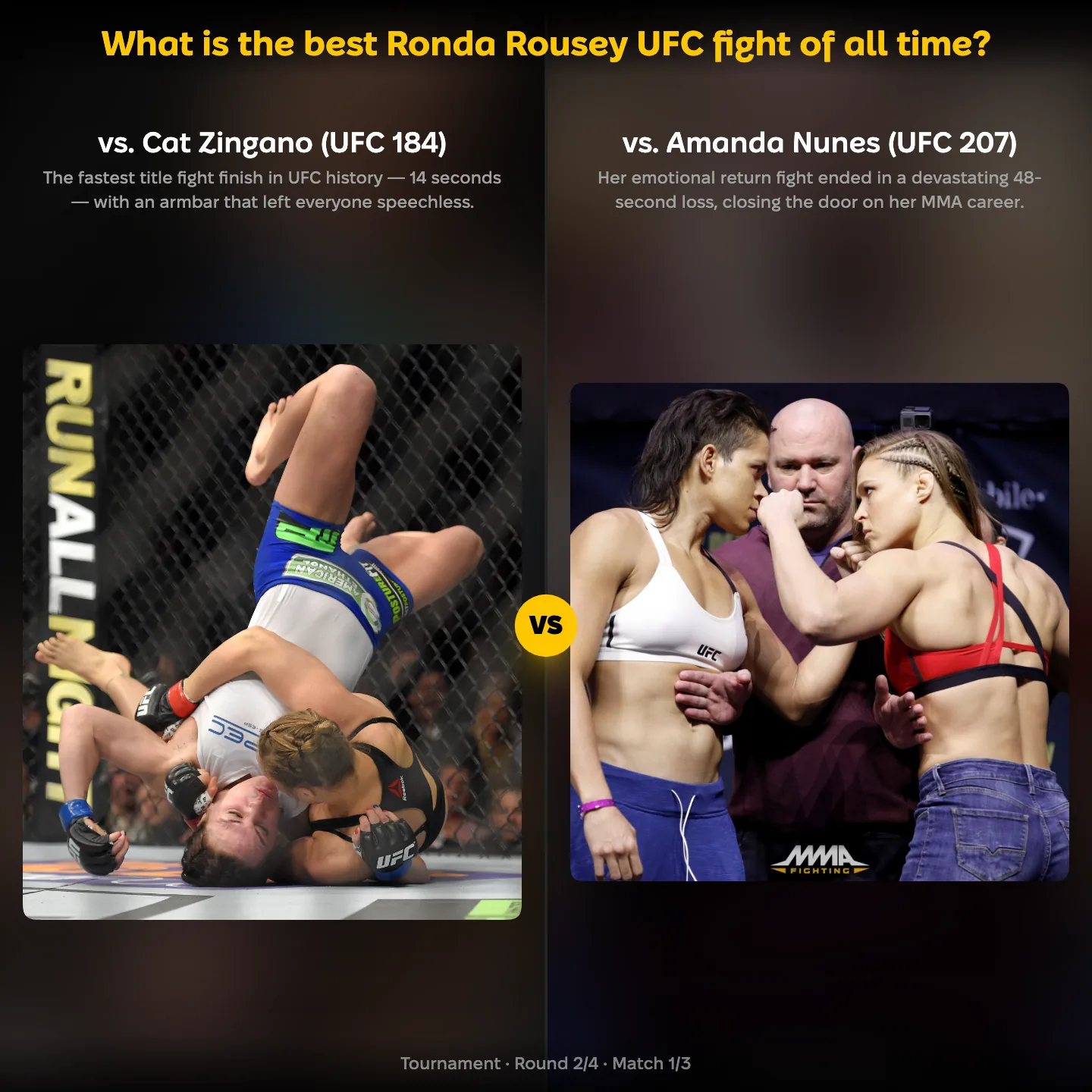 The best Ronda Rousey UFC fight of all time ranked, with the Cat Zingano armbar against the Amanda Nunes defeat