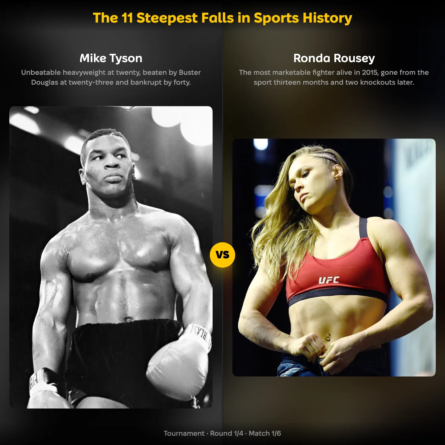 The steepest falls in sports history ranked, with Ronda Rousey against Mike Tyson