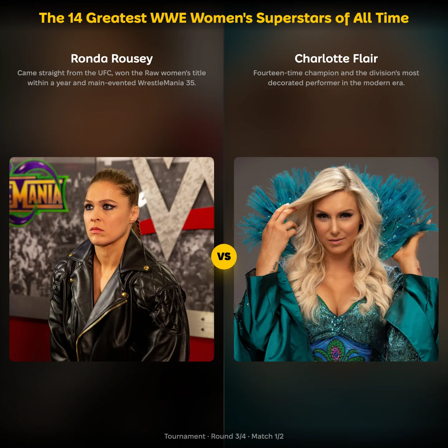 The greatest WWE women's superstars of all time ranked, with Ronda Rousey against Charlotte Flair
