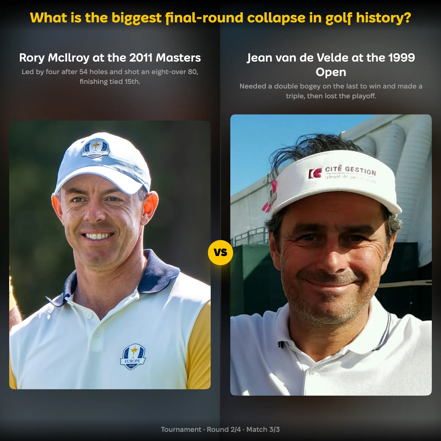The biggest final-round collapse in golf history ranked: Rory McIlroy at the 2011 Masters against Jean van de Velde at the 1999 Open