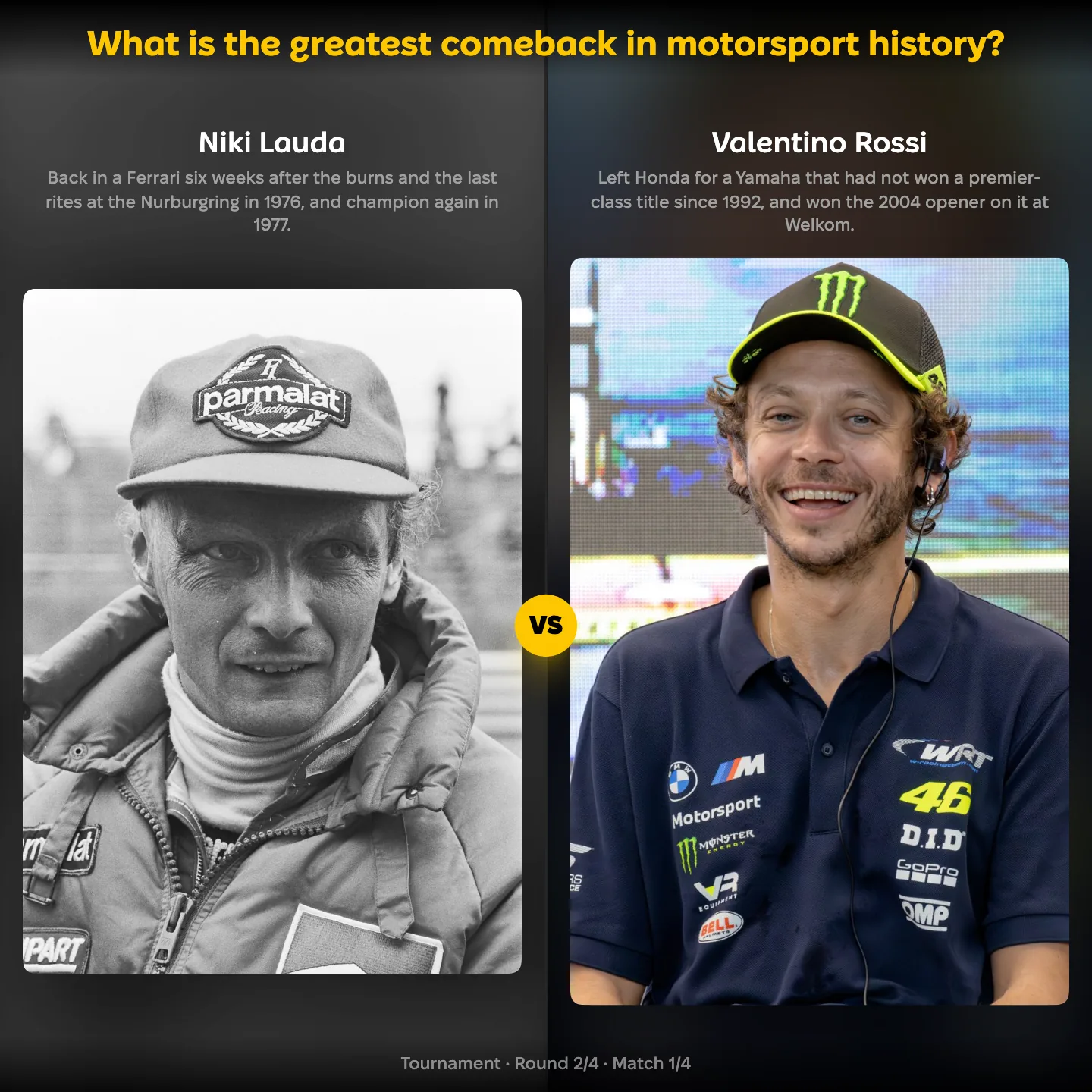 The greatest comeback in motorsport history ranked, with Niki Lauda against Valentino Rossi