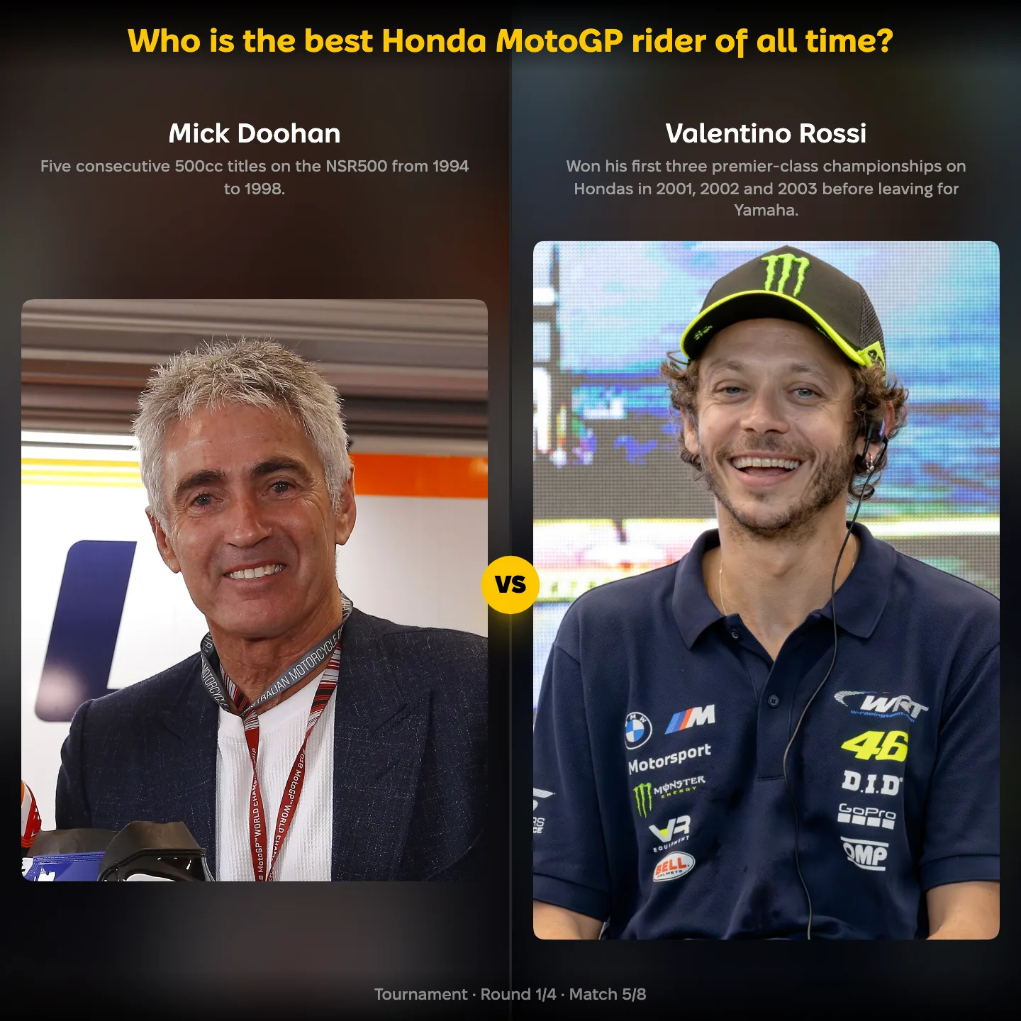The best Honda MotoGP rider of all time ranked, with Mick Doohan against Valentino Rossi