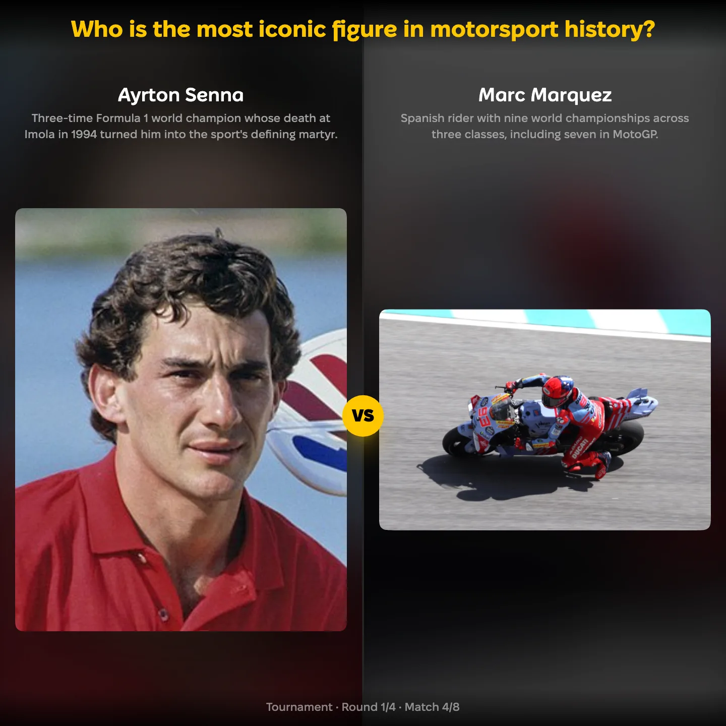 The most iconic figure in motorsport history ranked, with Ayrton Senna against Marc Márquez