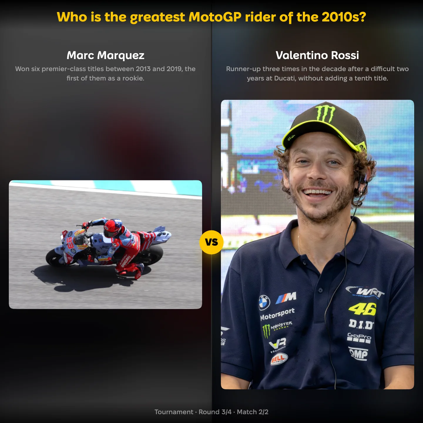 The greatest MotoGP rider of the 2010s ranked, with Marc Márquez against Valentino Rossi