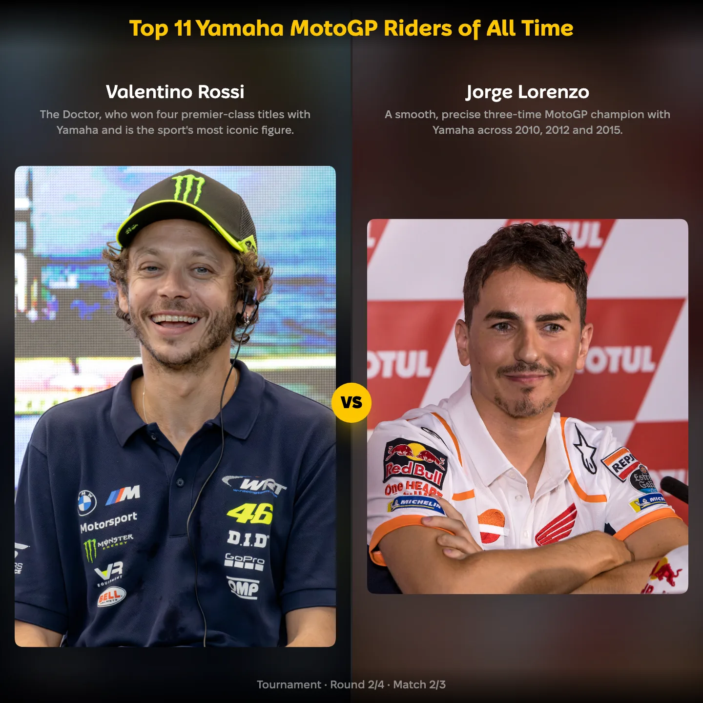 The top Yamaha MotoGP riders of all time ranked, with Valentino Rossi against Jorge Lorenzo