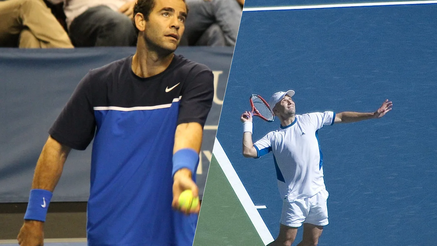 Pete Sampras and Andre Agassi serving, side by side