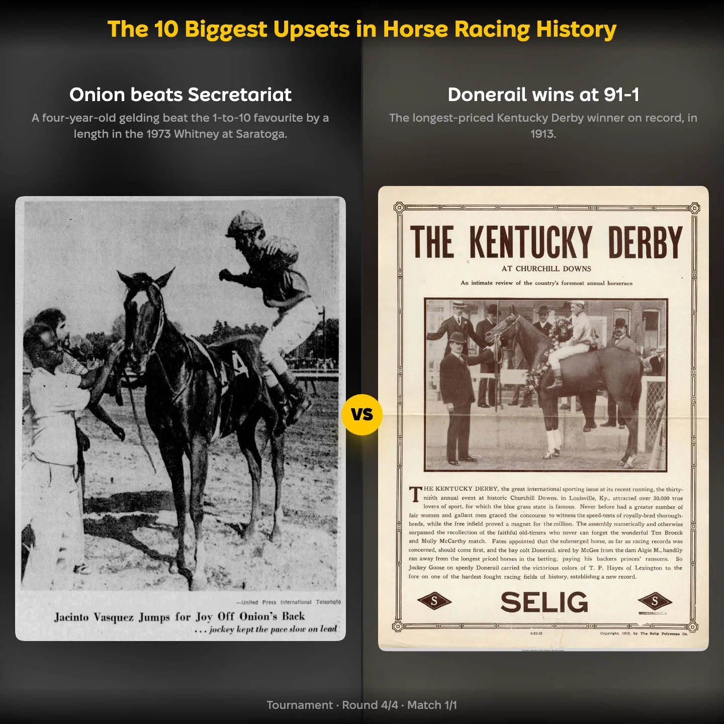 The biggest upsets in horse racing history ranked, with Onion beating Secretariat against Donerail