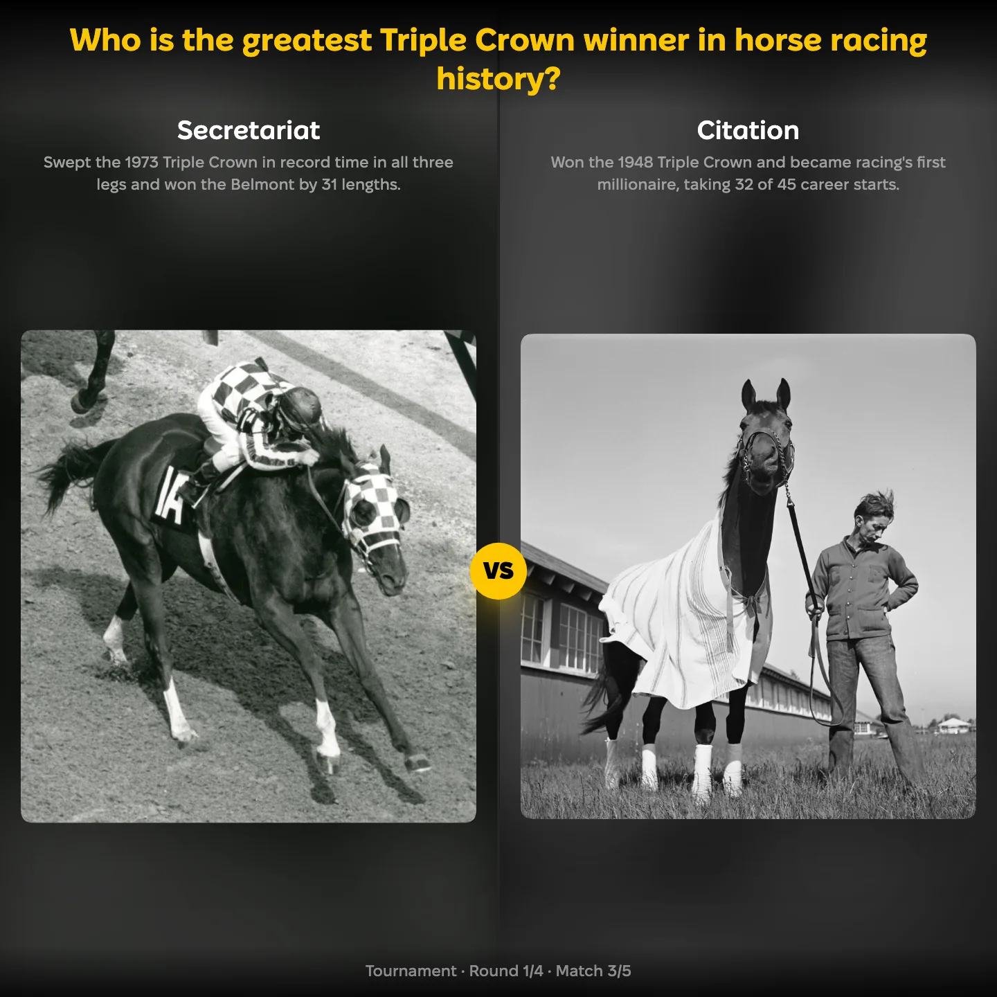 The greatest Triple Crown winner ranked, with Secretariat against Citation
