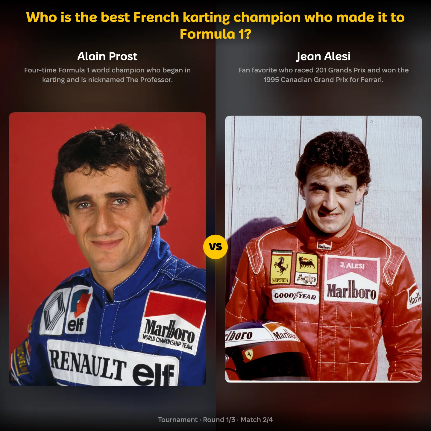 The best French karting champion who made it to Formula 1 ranked, with Alain Prost against Jean Alesi