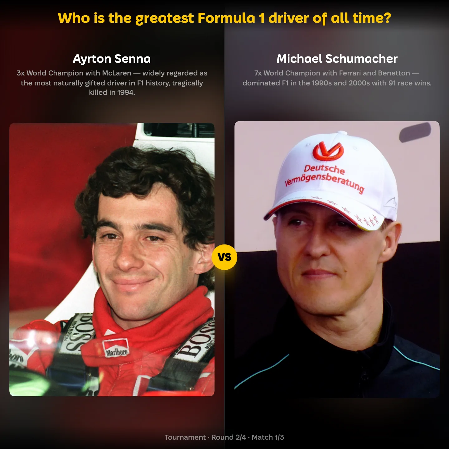 The greatest Formula 1 driver of all time ranked, with Ayrton Senna against Michael Schumacher
