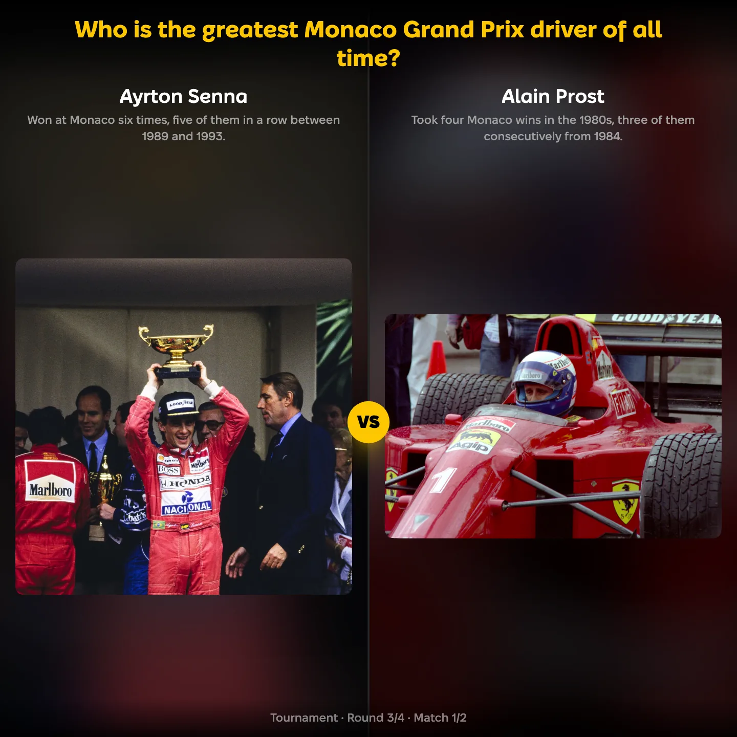 The greatest Monaco Grand Prix driver of all time ranked, with Ayrton Senna against Alain Prost
