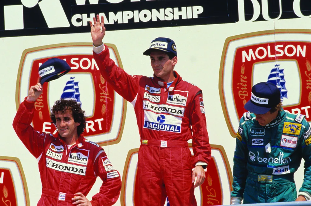 Ayrton Senna and Alain Prost on the podium at the 1988 Canadian Grand Prix in Montreal