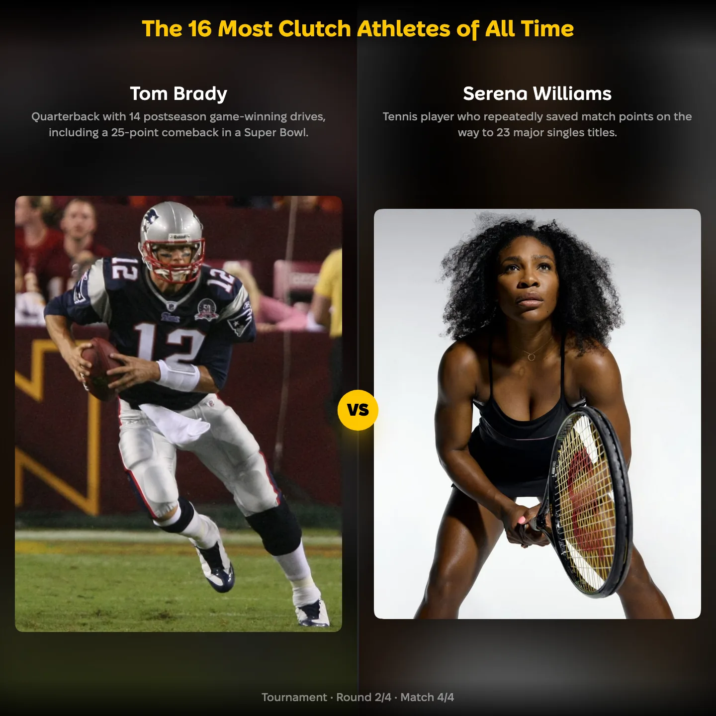 The most clutch athletes of all time ranked, with Tom Brady against Serena Williams