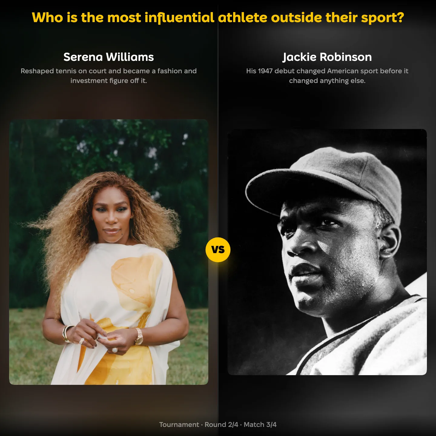 The most influential athlete outside their sport ranked, with Serena Williams against Jackie Robinson