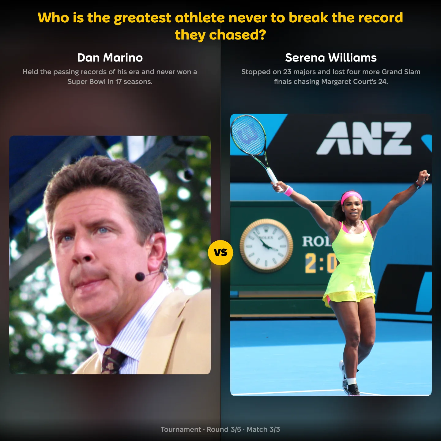 The greatest athlete never to break the record they chased, ranked, with Dan Marino against Serena Williams