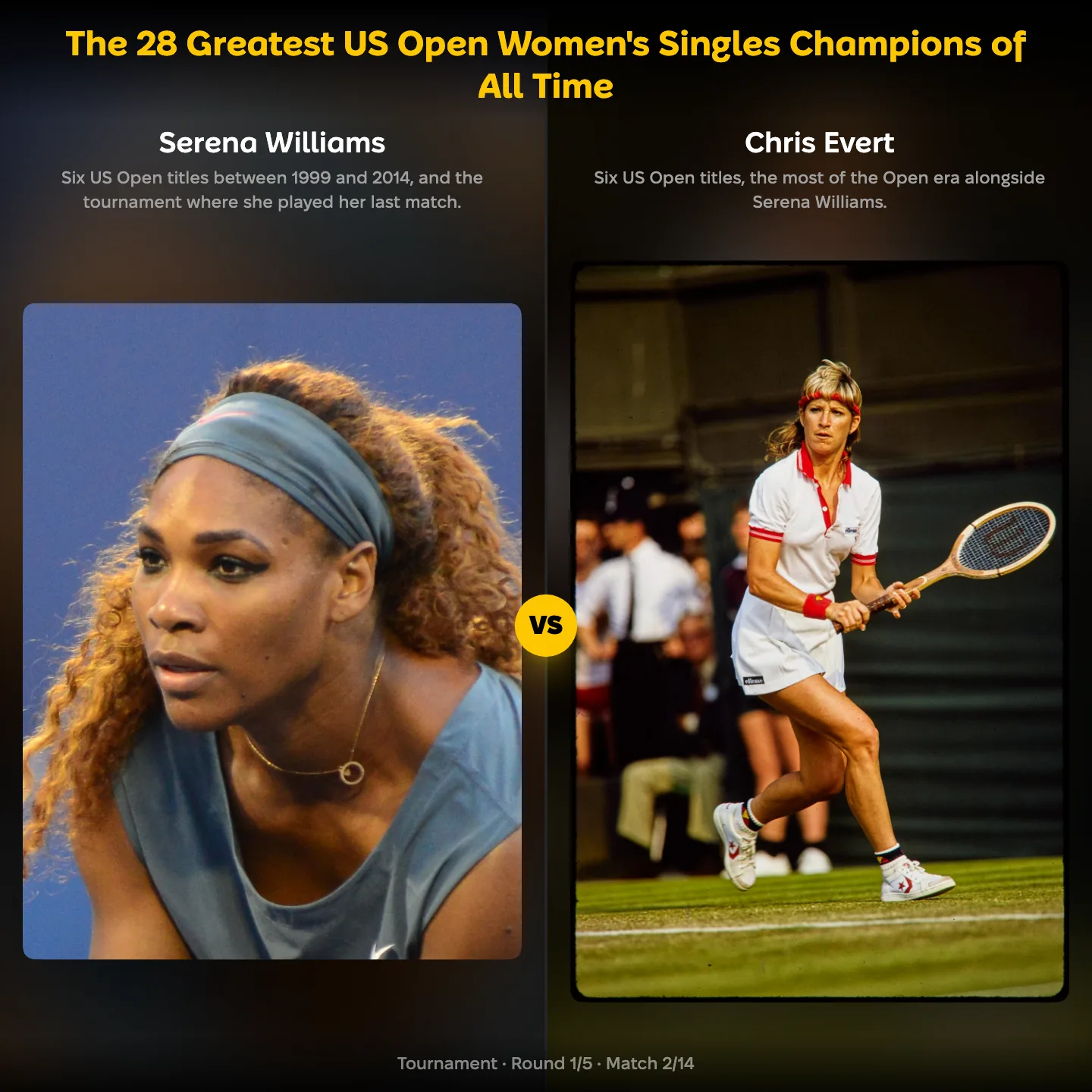 The greatest US Open women's singles champions ranked, with Serena Williams against Chris Evert