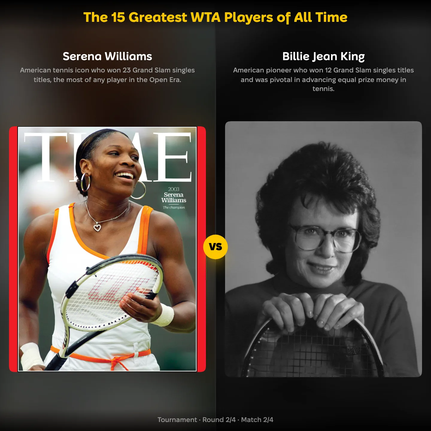 The greatest WTA players of all time ranked, with Serena Williams against Billie Jean King
