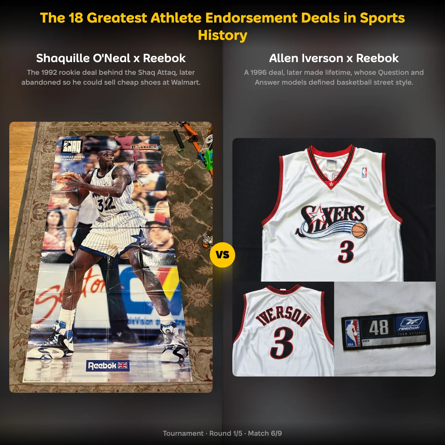 The greatest athlete endorsement deals in sports history ranked, with Shaquille O'Neal against Allen Iverson at Reebok
