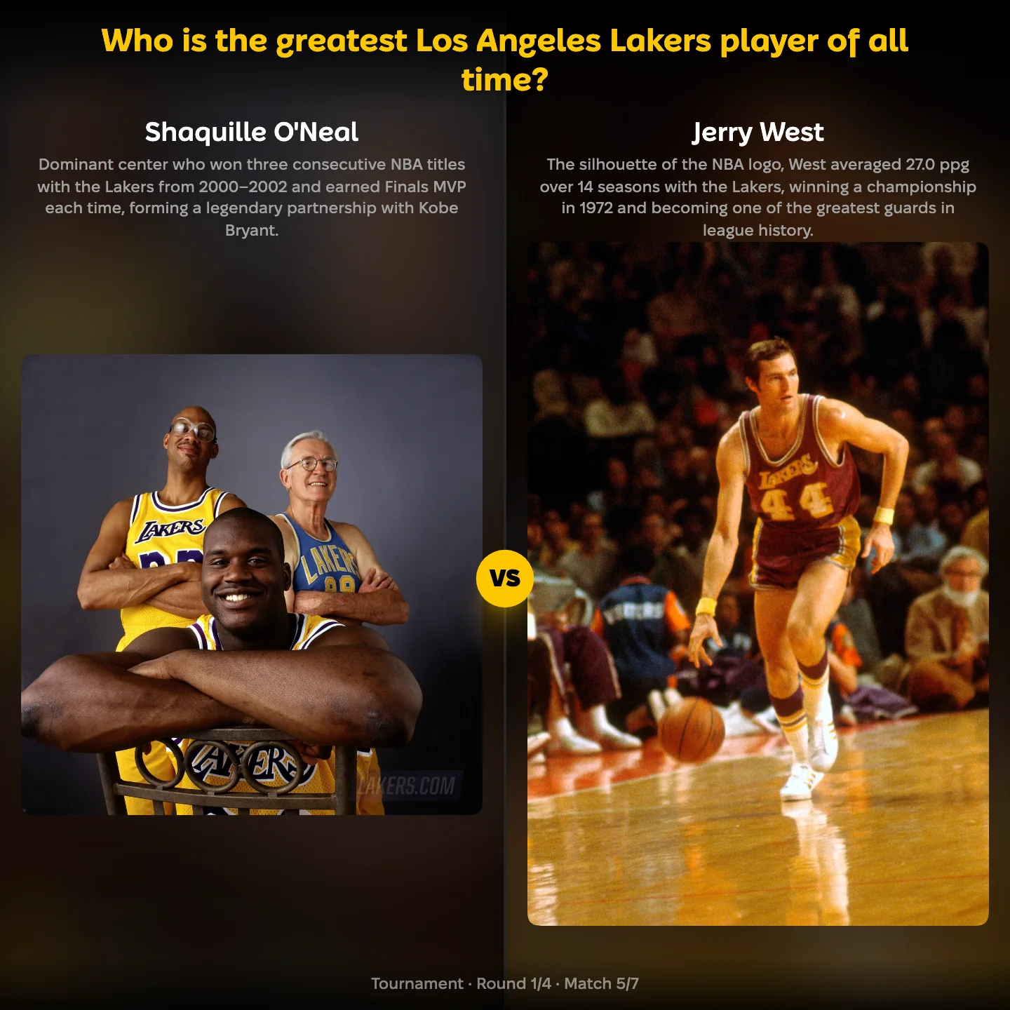 The greatest Los Angeles Lakers player of all time ranked, with Shaquille O'Neal against Jerry West