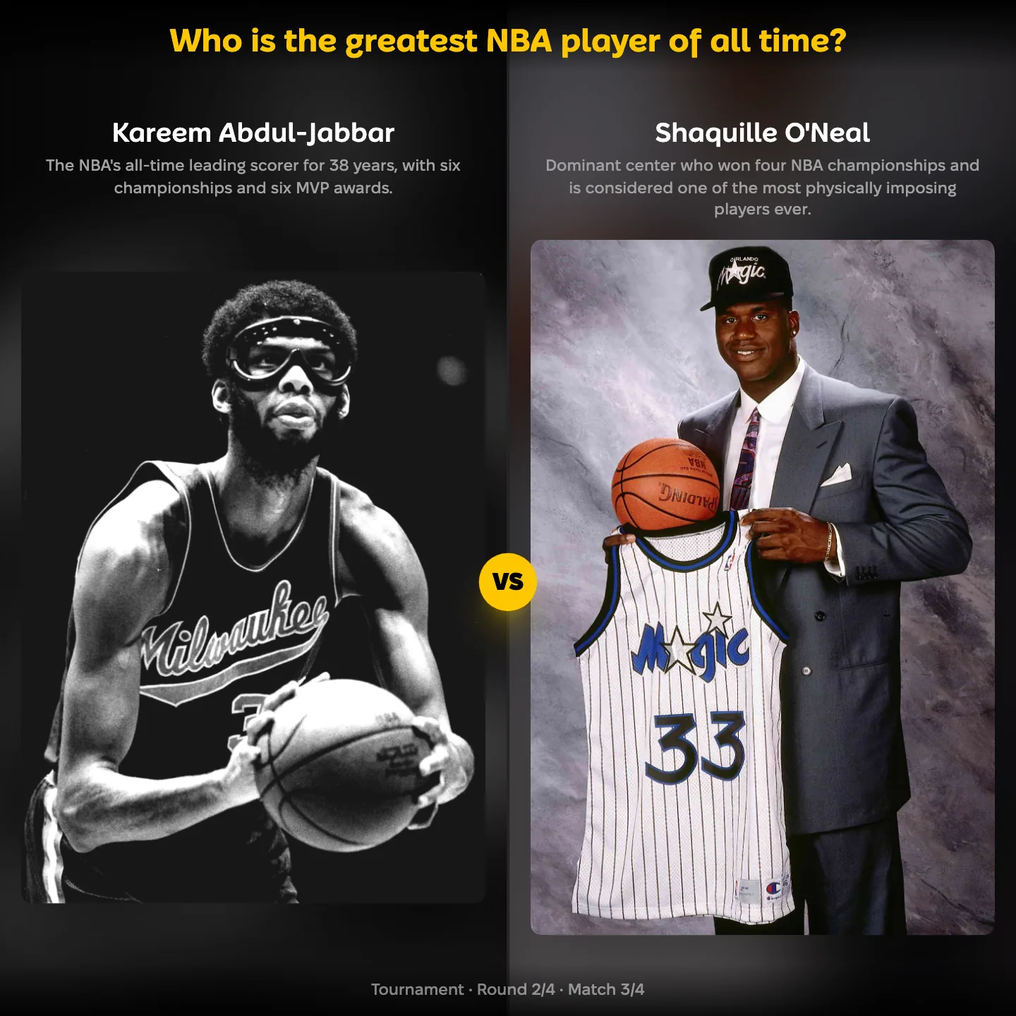 The greatest NBA player of all time ranked, with Shaquille O'Neal against Kareem Abdul-Jabbar
