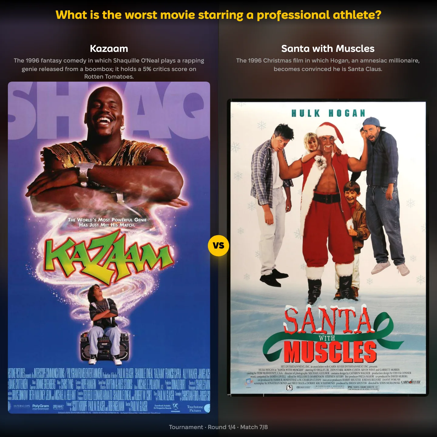 The worst movie starring a professional athlete ranked, with Kazaam against Santa with Muscles