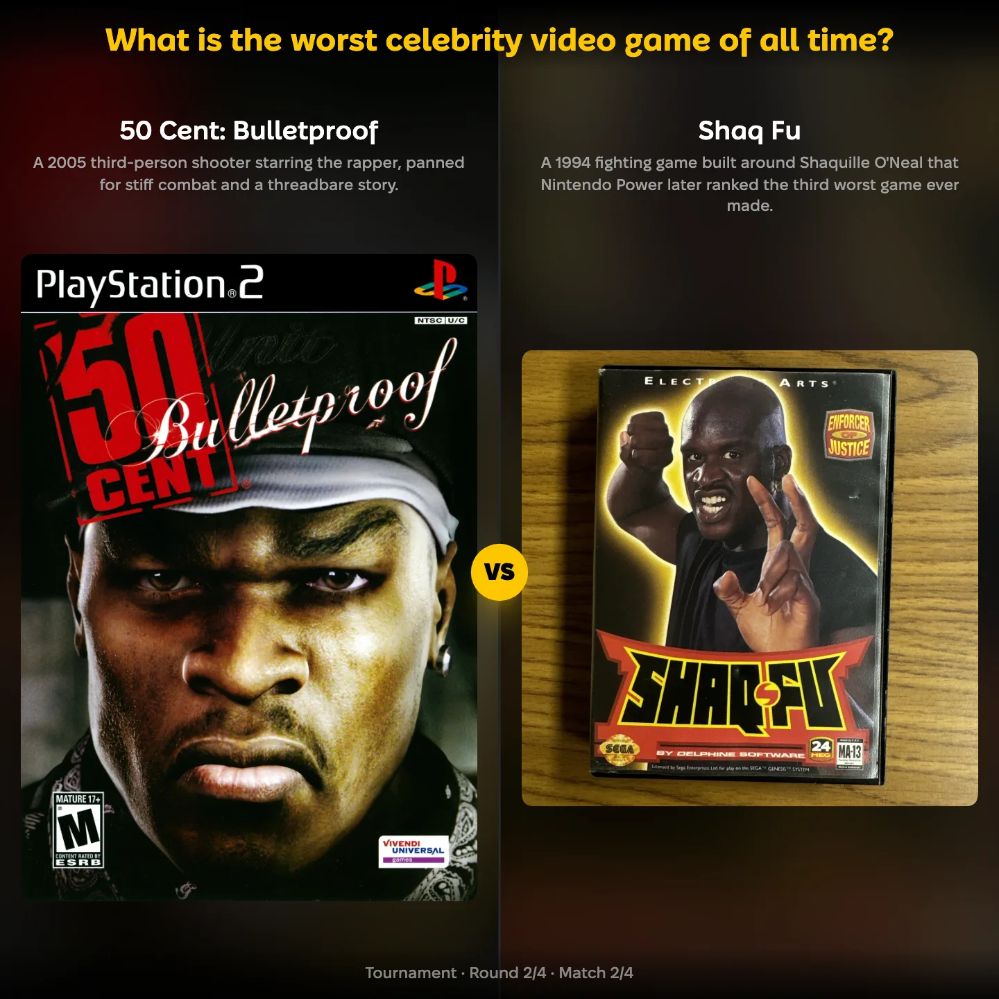 The worst celebrity video game of all time ranked, with 50 Cent: Bulletproof against Shaq Fu
