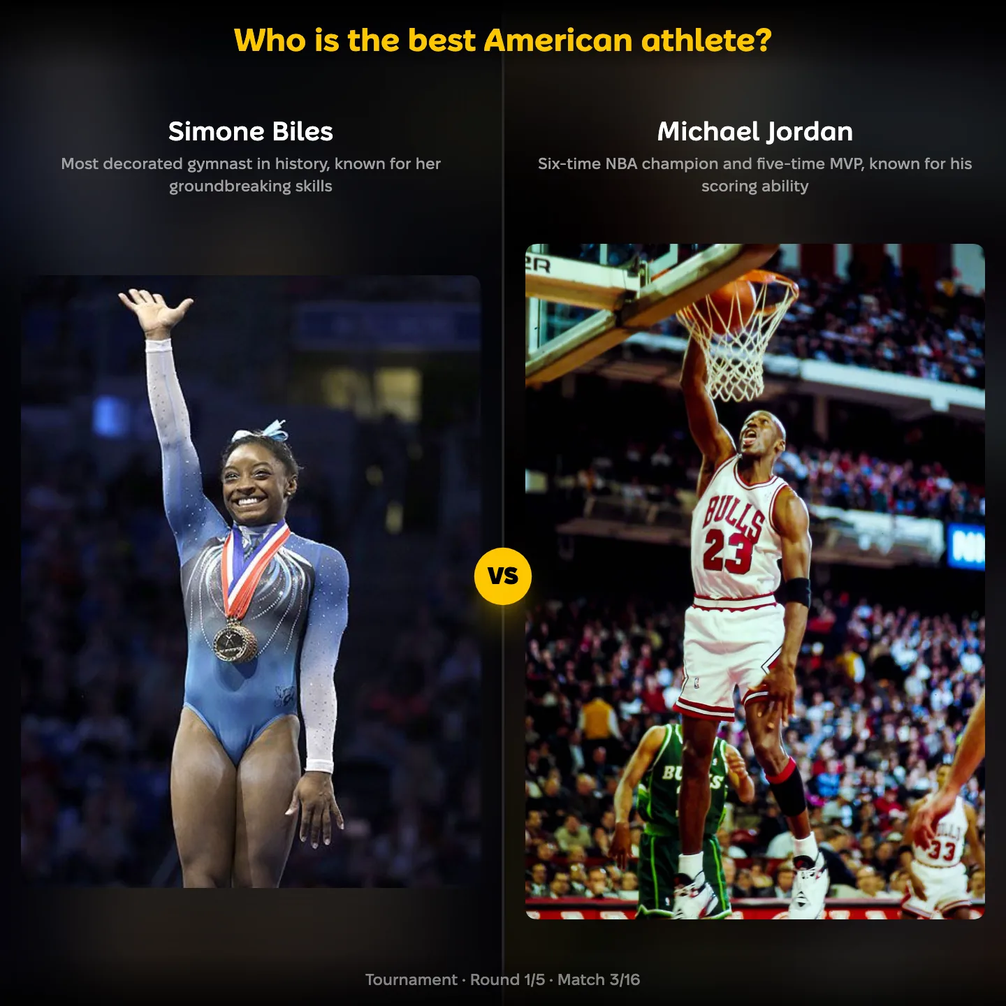 Simone Biles against Michael Jordan in a ranking of the best American athlete