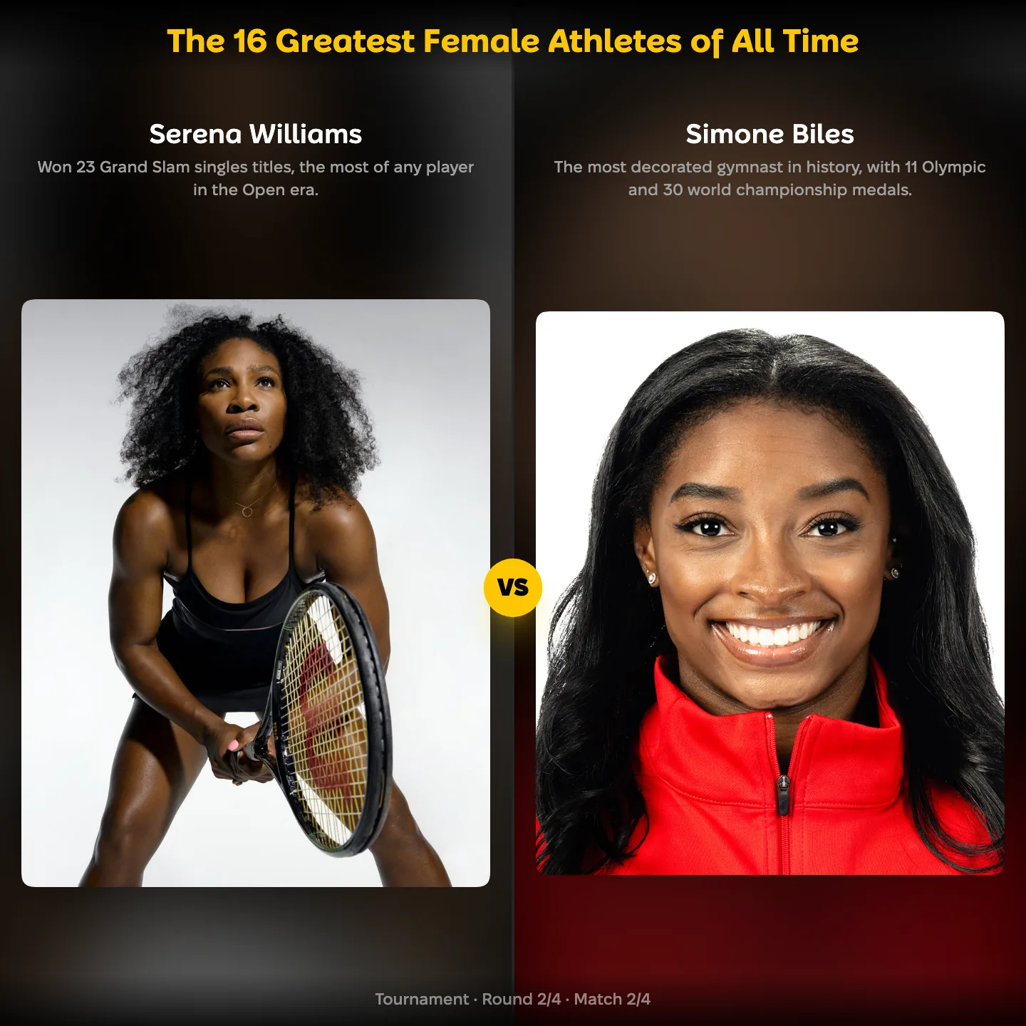 Serena Williams against Simone Biles in a ranking of the greatest female athletes of all time