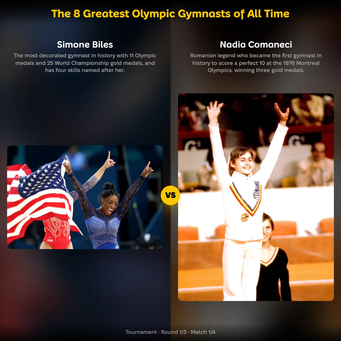 Simone Biles against Nadia Comăneci in a ranking of the greatest Olympic gymnasts