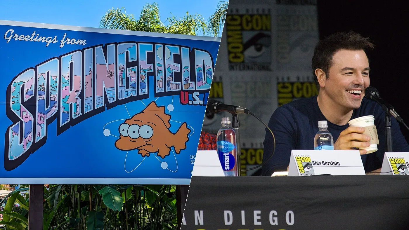 The Simpsons vs Family Guy: the Springfield welcome sign at Universal Studios Florida beside Seth MacFarlane at a Family Guy panel at San Diego Comic-Con