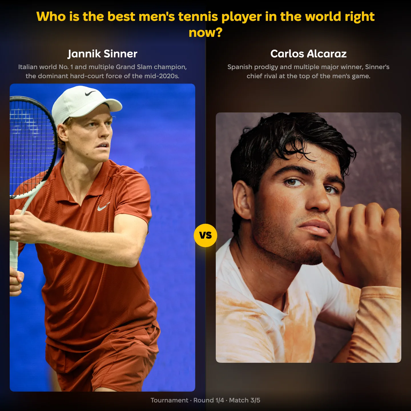 The best men's tennis player in the world right now ranked, with Jannik Sinner against Carlos Alcaraz